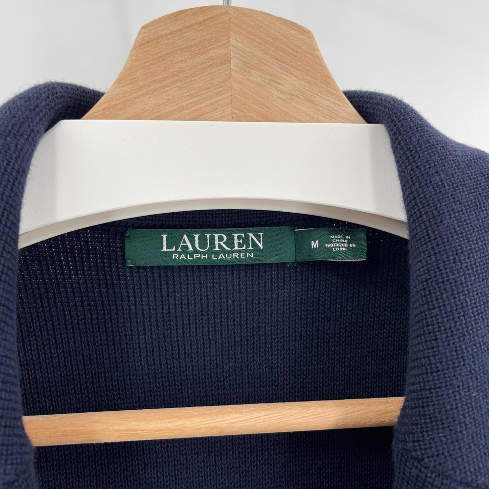 Lauren Ralph Lauren Navy Blue Sweater-Knit Blazerβ Gold Crest Buttons M Preppy - Picture 4 of 8